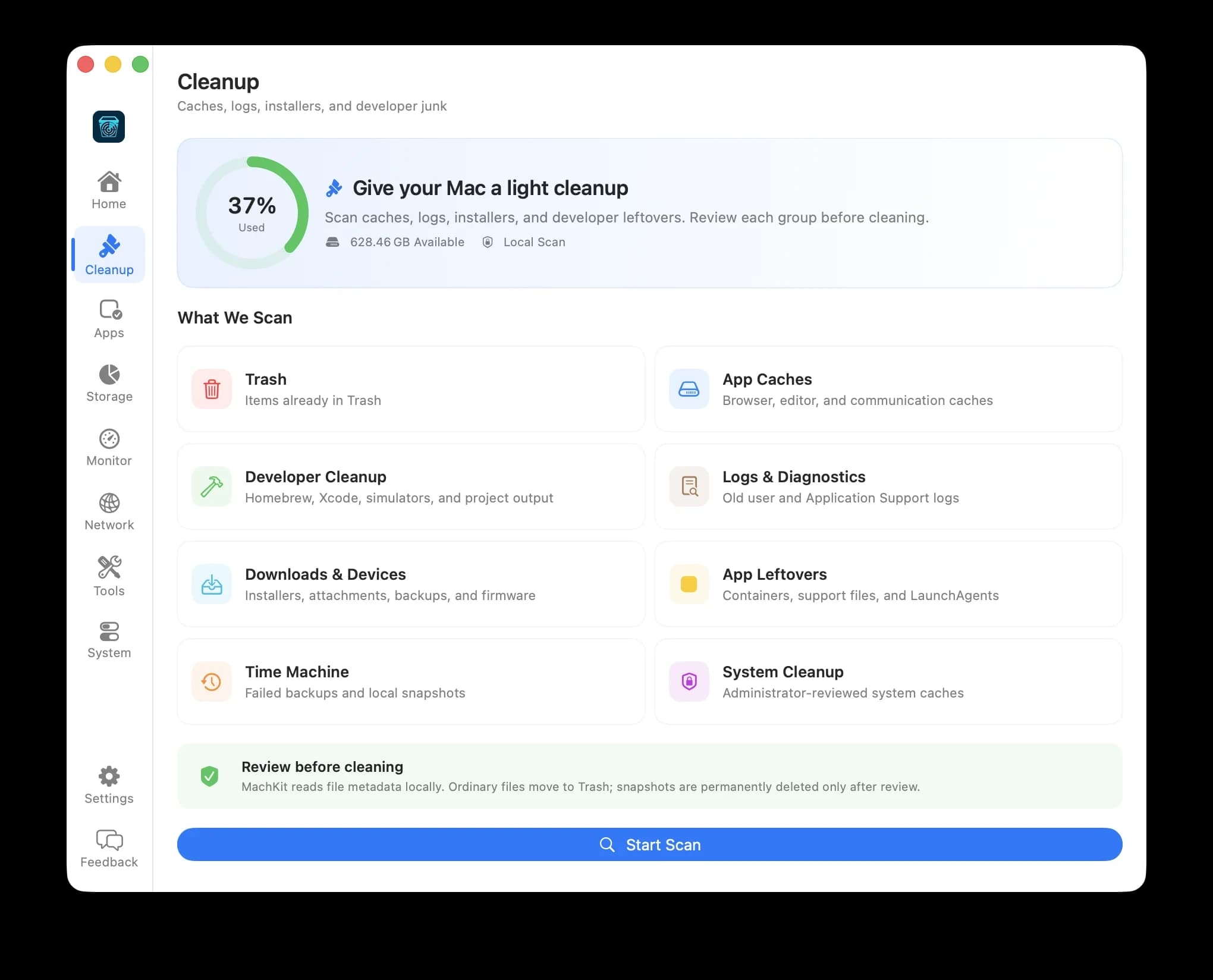 Binzide Cleanup workspace listing caches, logs, and developer files with sizes.
