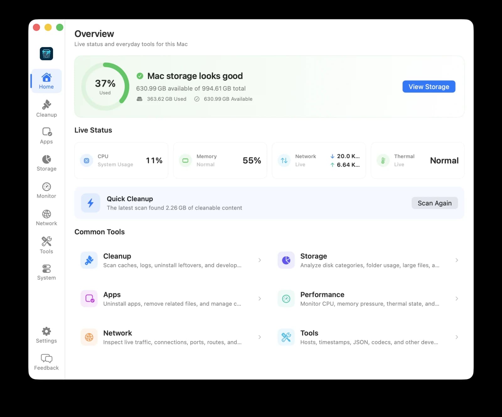The Binzide Overview workspace showing storage usage, live CPU, memory, network and thermal status, and quick links to cleanup and tools.