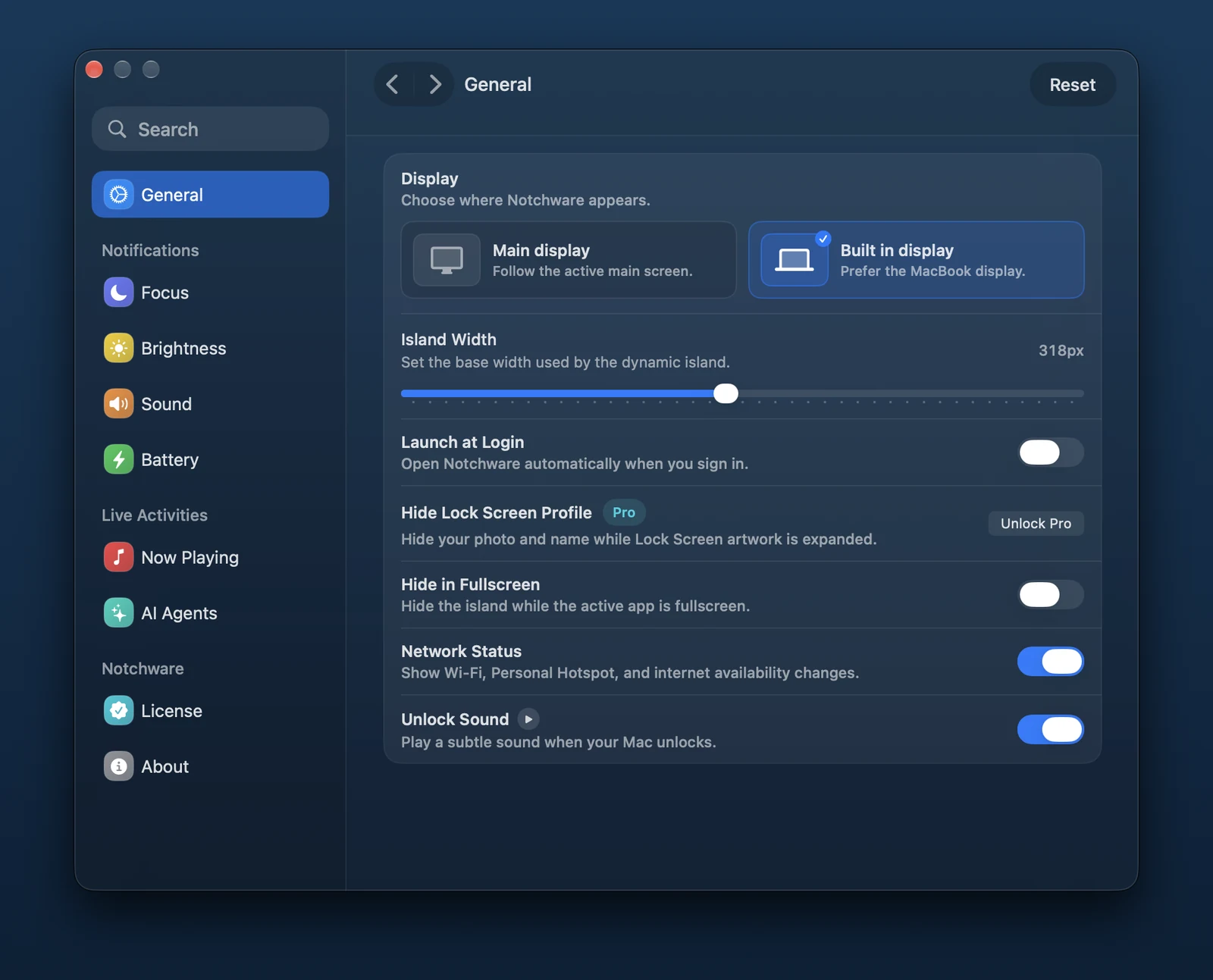 Notchware General settings: display, island width, launch at login, fullscreen, network status, and unlock sound.