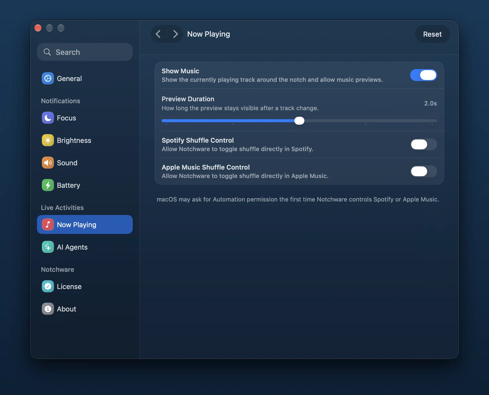 Notchware Settings on a Mac desktop, with the Notchware island in the notch above it.