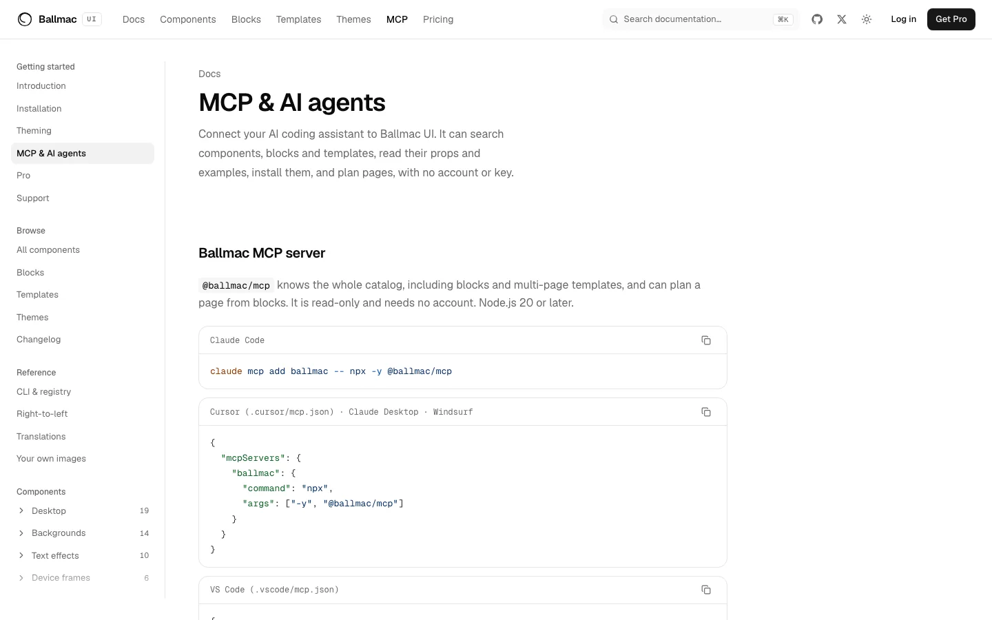 The MCP and AI agents documentation page, with the Claude Code command to add the Ballmac server.