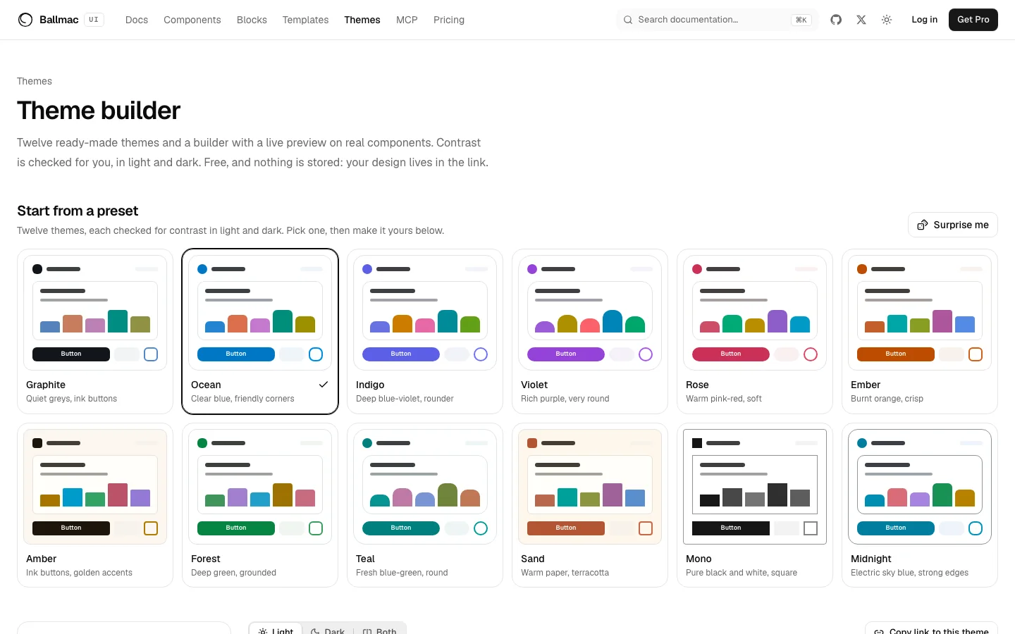 The Ballmac UI theme builder with twelve ready-made themes.