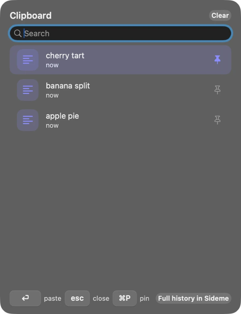 The clipboard history list with a search field.