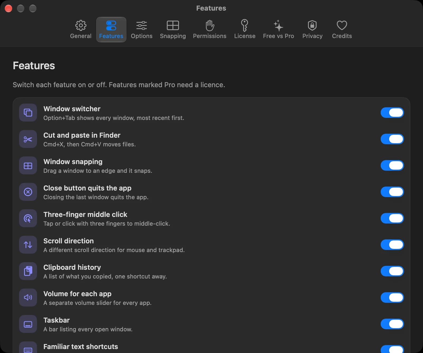 The Features pane of Acclimach settings with a switch for each feature.