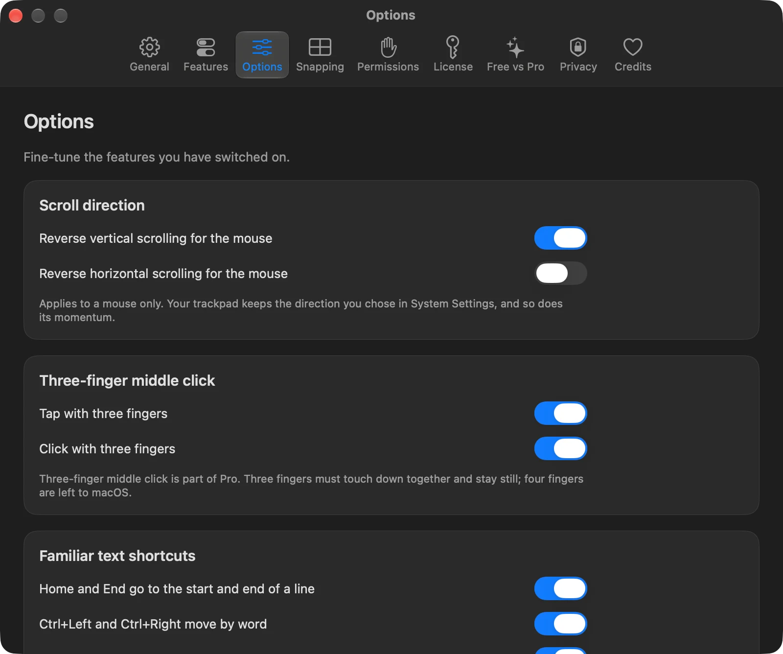 The Options pane with scroll direction, middle click and text shortcut settings.