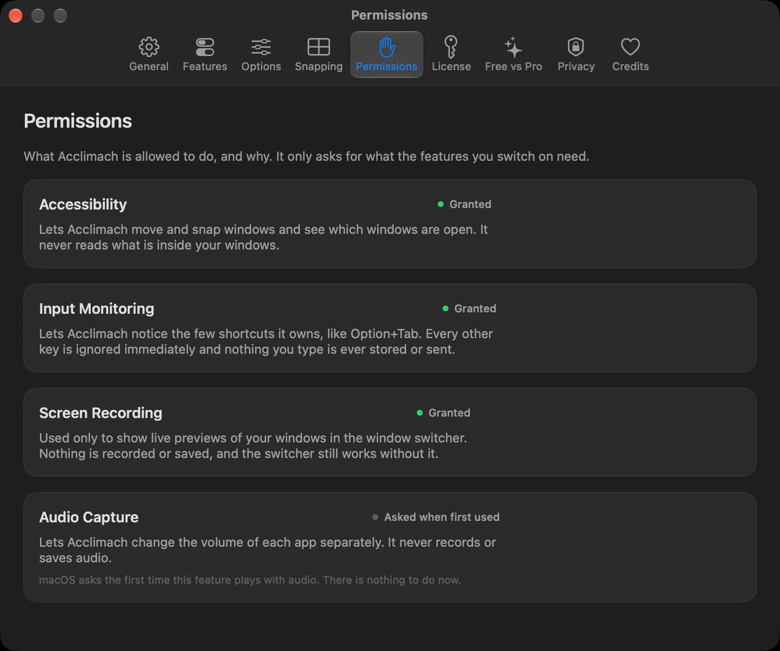 The Permissions pane explaining each permission in plain words.
