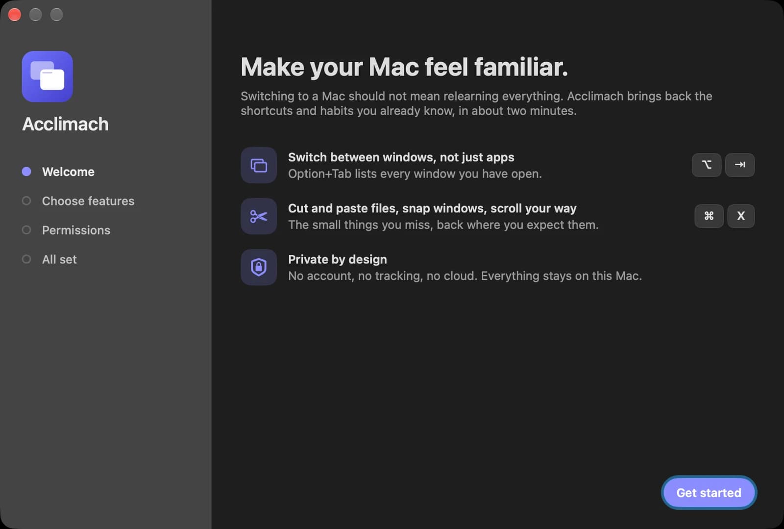 Acclimach's welcome screen, introducing the setup.