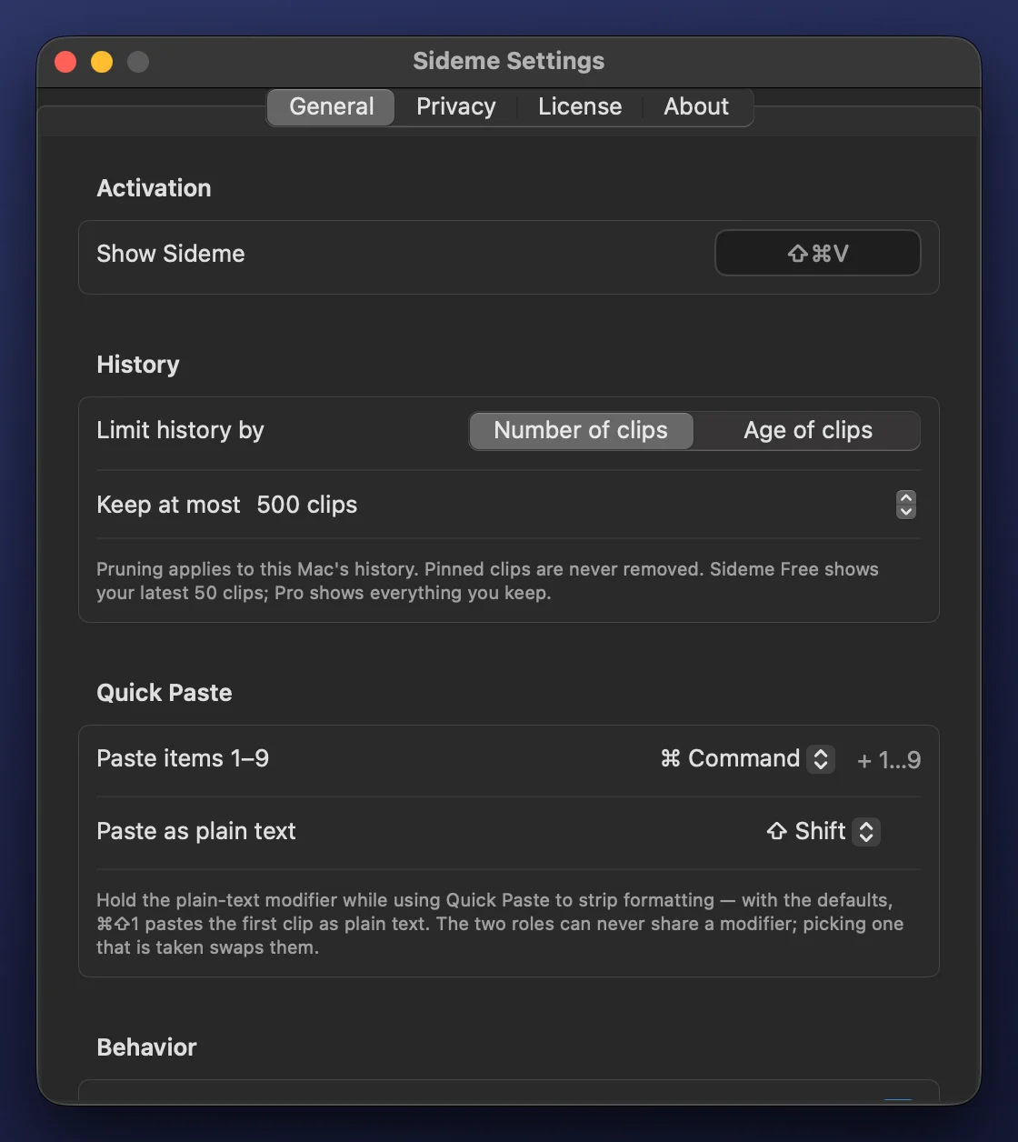 Sideme General settings: the ⌘⇧V shortcut, history retention, and Quick Paste modifiers.
