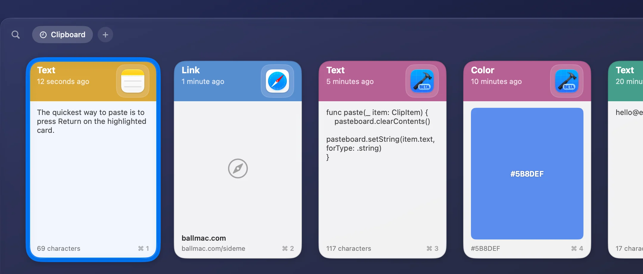 Sideme's clipboard strip: color-coded cards for a note, a link, code, and a color, with the first card selected.