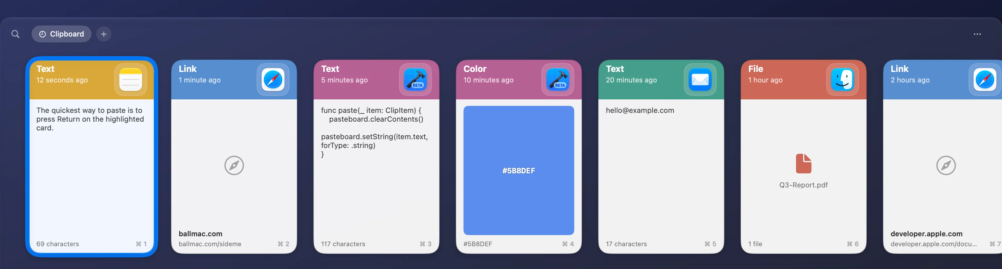 The full Sideme strip across the bottom of a Mac screen, showing text, link, code, color, email, file, and link cards.
