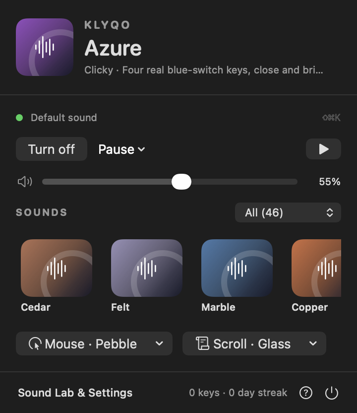 Menu bar in Klyqo, dark appearance