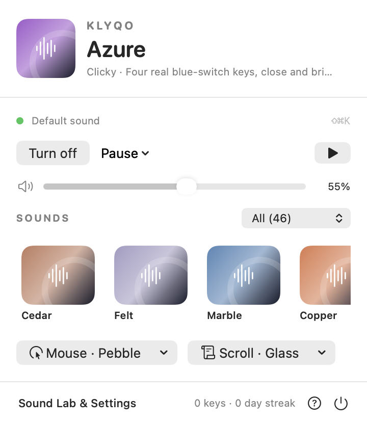 Menu bar in Klyqo, light appearance